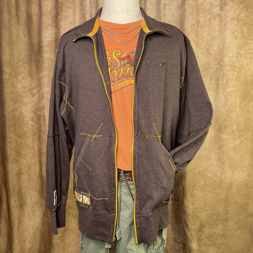 Y2K Indie Grunge Jacket Zip Up Sweater Brown Yellow Spell Out Embroidered Skater